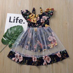 Toddler Girl Stylish Floral Allover Tulle Faux-two Romper Dress Flowers One PC